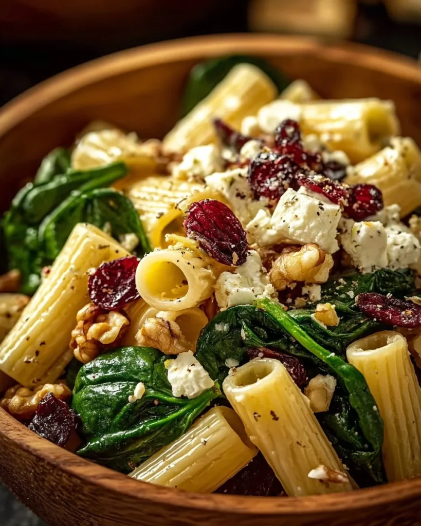 Delicious Feta Cranberry Pasta Salad garnished with fresh herbs