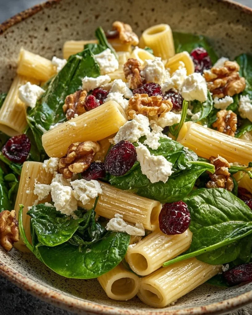 Feta Cranberry Rigatoni Salad served in a bowl with fresh ingredients.