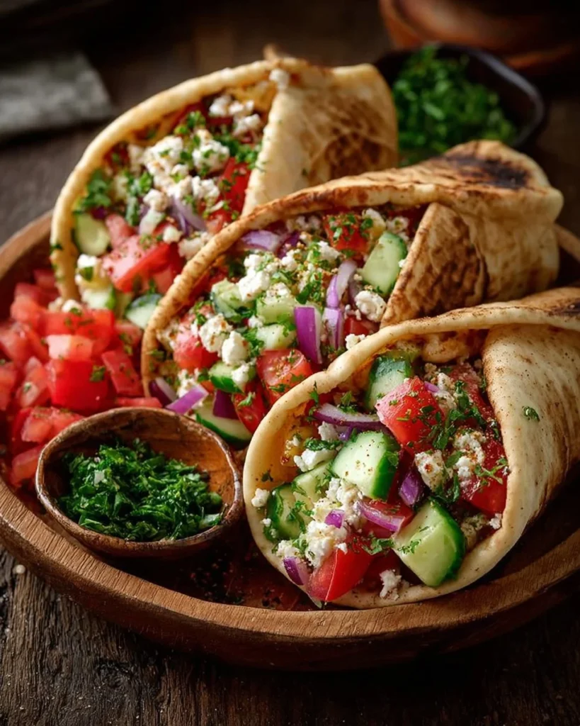 Delicious feta cucumber and red onion filling in pita pockets