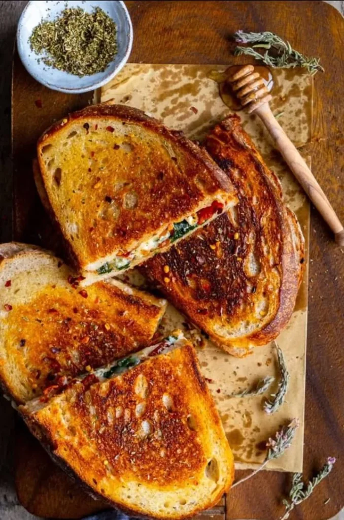 Feta Grilled Cheese Sandwich with Spinach on a plate, garnished with herbs