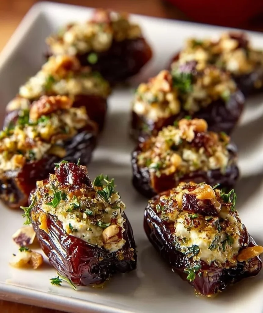 Feta-Parmesan roasted stuffed dates on a serving platter