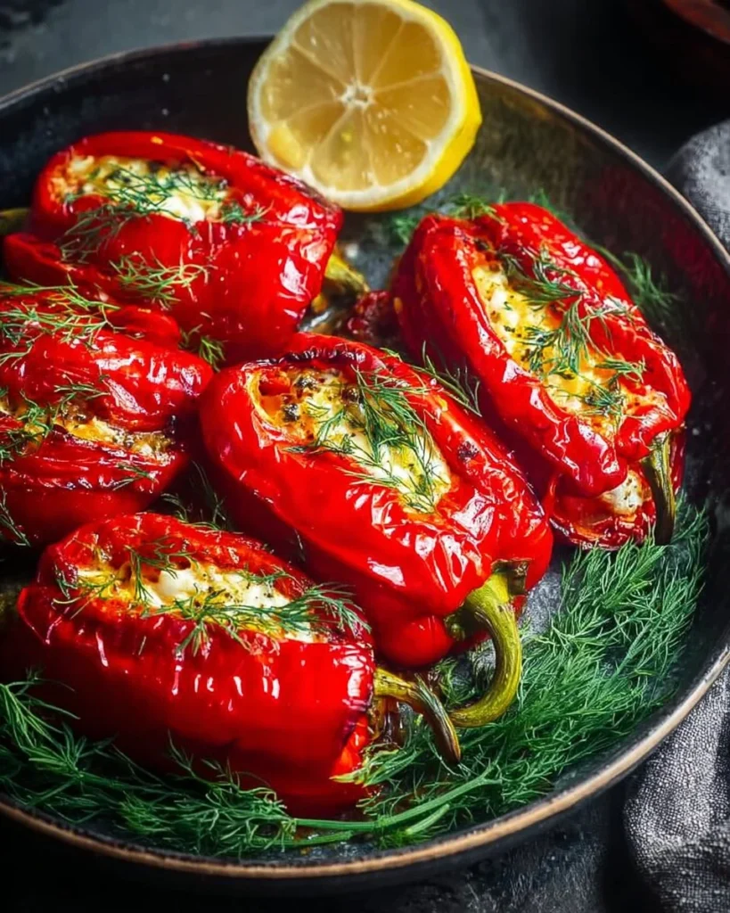 Colorful feta stuffed peppers ready to be served, showcasing a healthy dish.