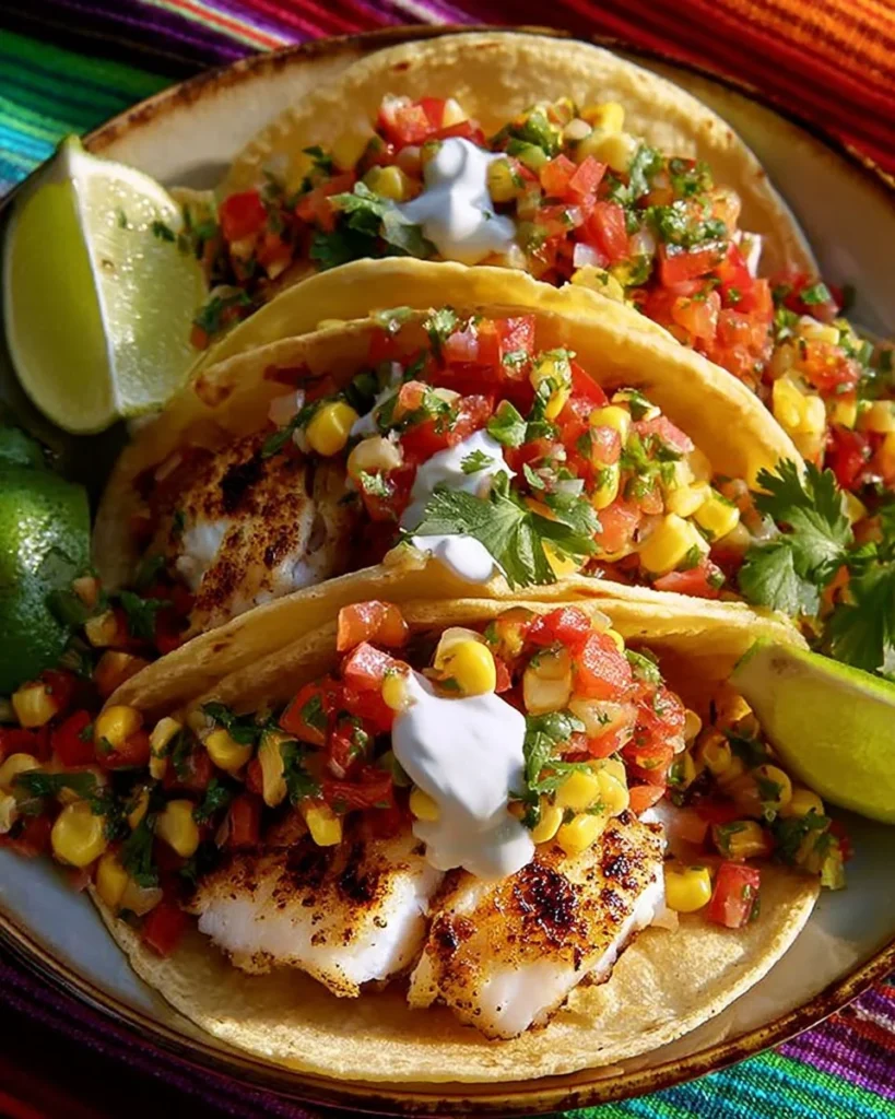 Fiery fish tacos served with fresh corn salsa on a plate