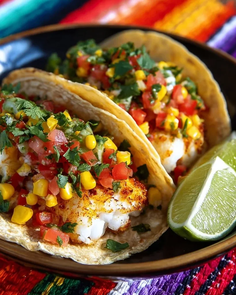Plated fiery fish tacos garnished with vibrant corn salsa