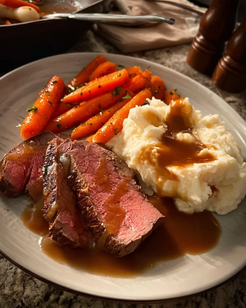 Delicious Filet Mignon with garlic mashed potatoes and garden carrots