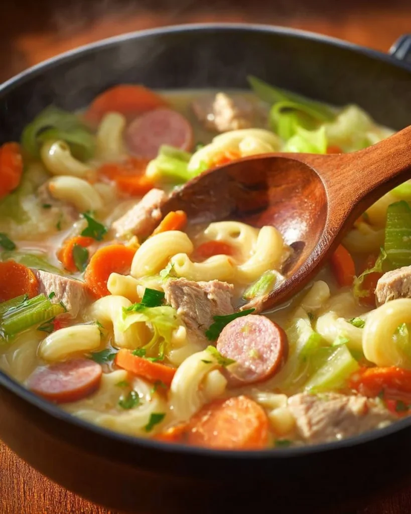 Bowl of rich and flavorful Filipino Macaroni Soup topped with vegetables and herbs.