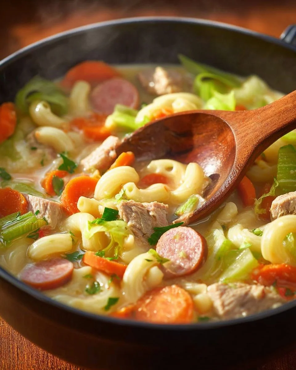 Bowl of rich and flavorful Filipino Macaroni Soup topped with vegetables and herbs.