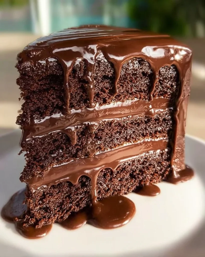 Delicious filling chocolate cake topped with chocolate frosting and decorations.