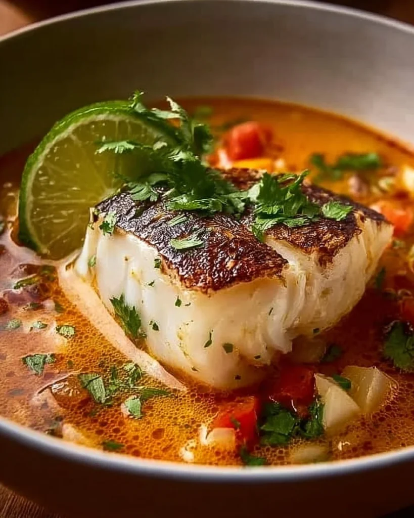 Bowl of Fish Coconut Lime Soup with fresh herbs and lime slices