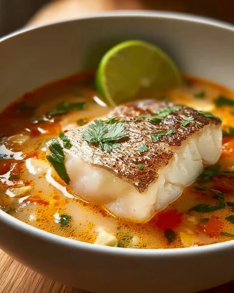 Bowl of Fish Coconut Lime Soup garnished with lime and herbs