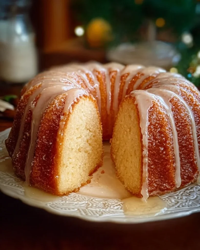 Delicious five flavor pound cake with a glossy glaze on a decorative plate.