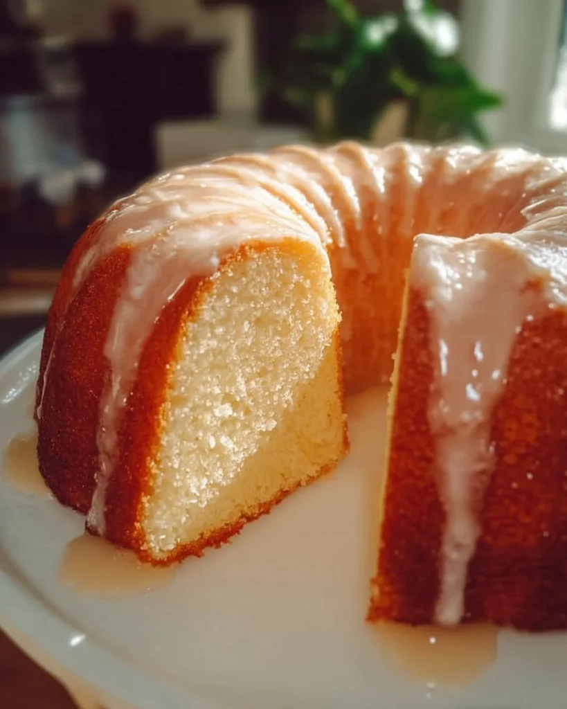Sliced five flavor pound cake with glaze on a rustic table.