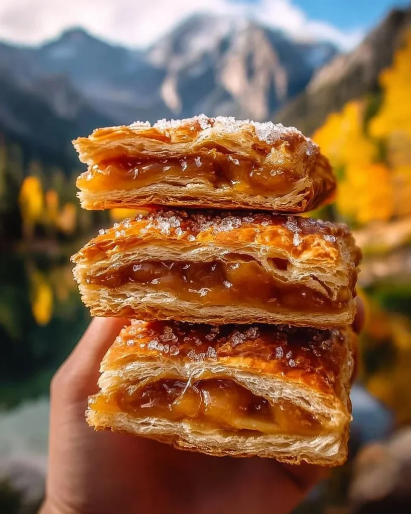 Flaky apple hand pie with spiced apple filling on a wooden table.