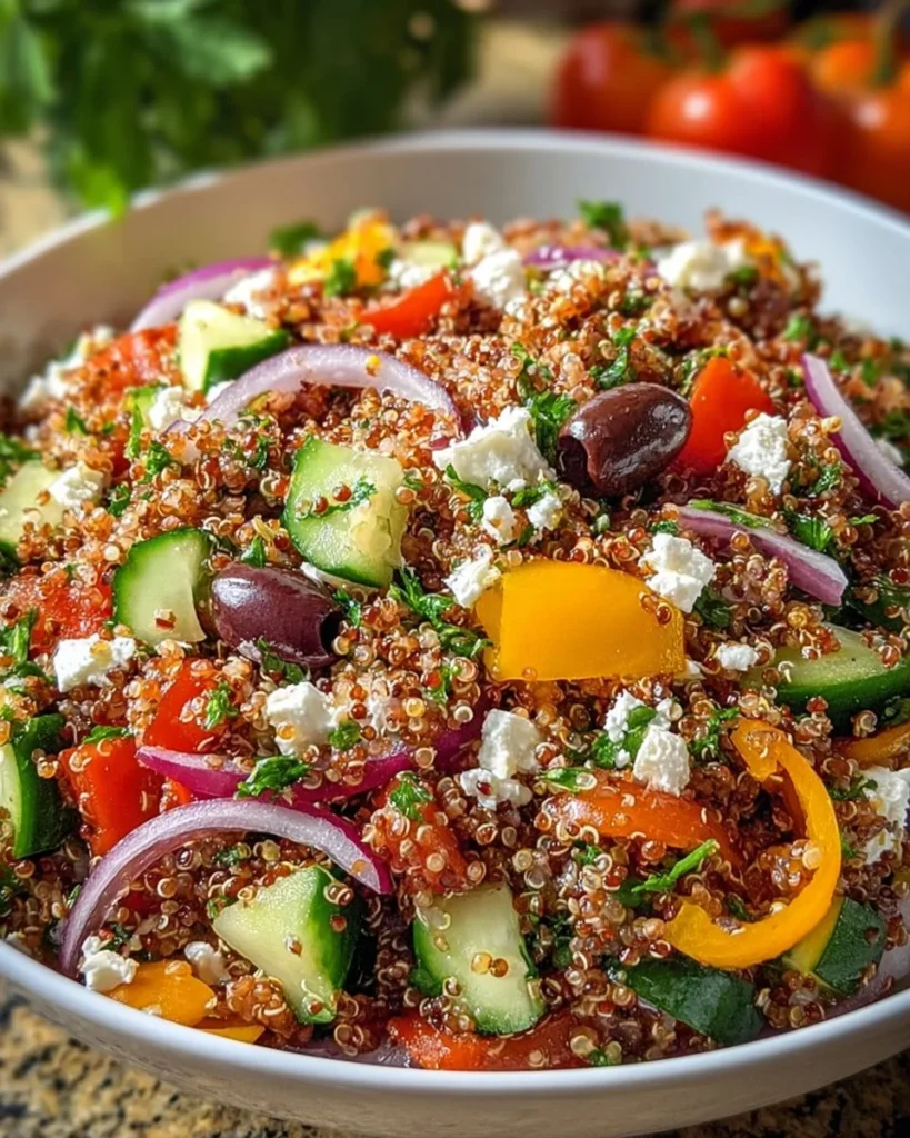 Colorful bowl of quinoa lentil Greek salad with fresh vegetables.