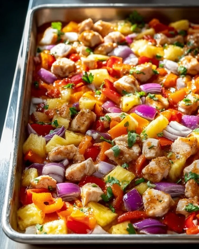 Flavorful Hawaiian chicken sheet pan dinner with vegetables on a baking tray