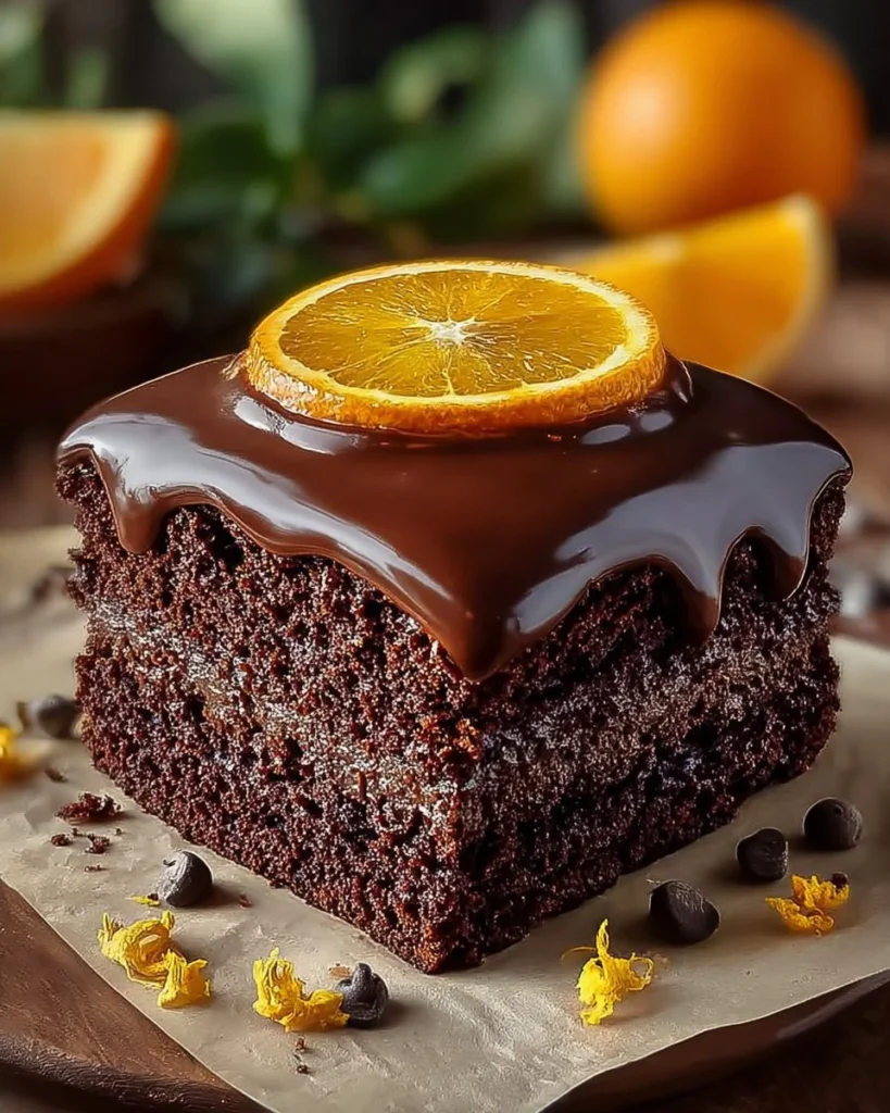 Flourless chocolate orange cake topped with orange zest and chocolate shavings.