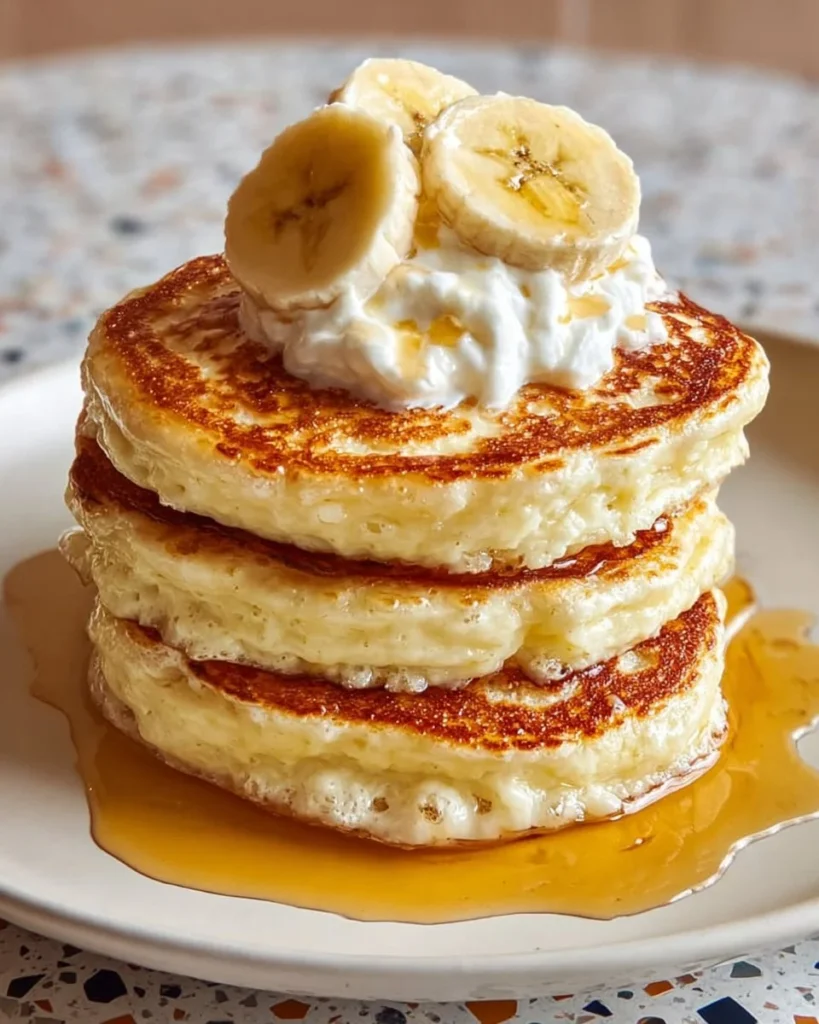 Fluffy banana cottage cheese pancakes stacked on a plate with syrup