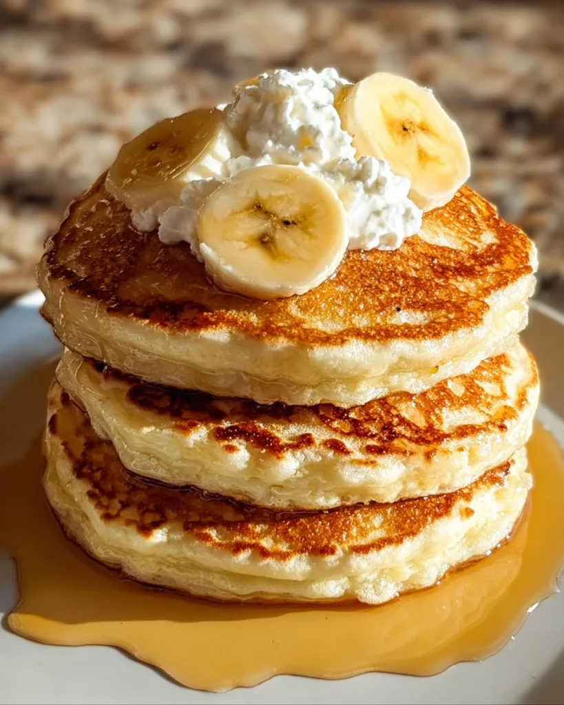 Fluffy banana cottage cheese pancakes stacked on a plate with syrup