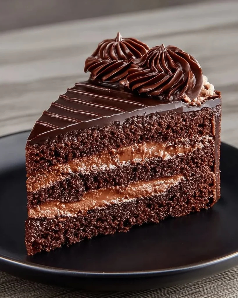 Fluffy chocolate cake topped with frosting and sprinkles