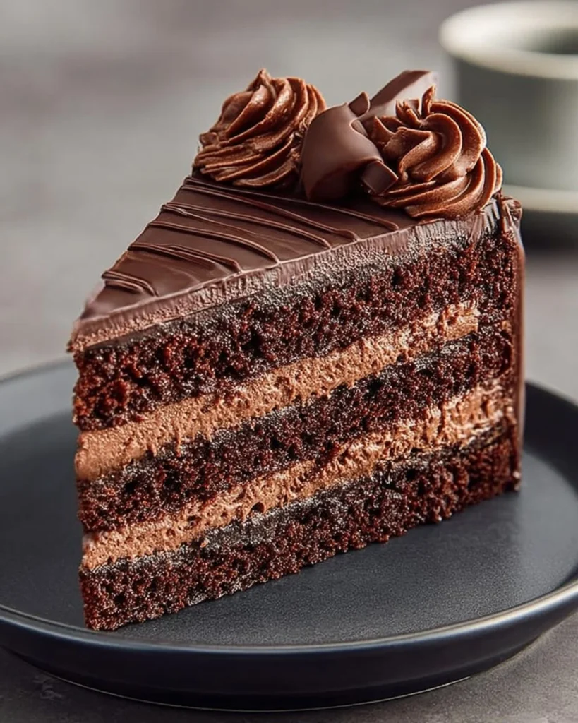 Fluffy chocolate cake topped with chocolate frosting and decorative sprinkles