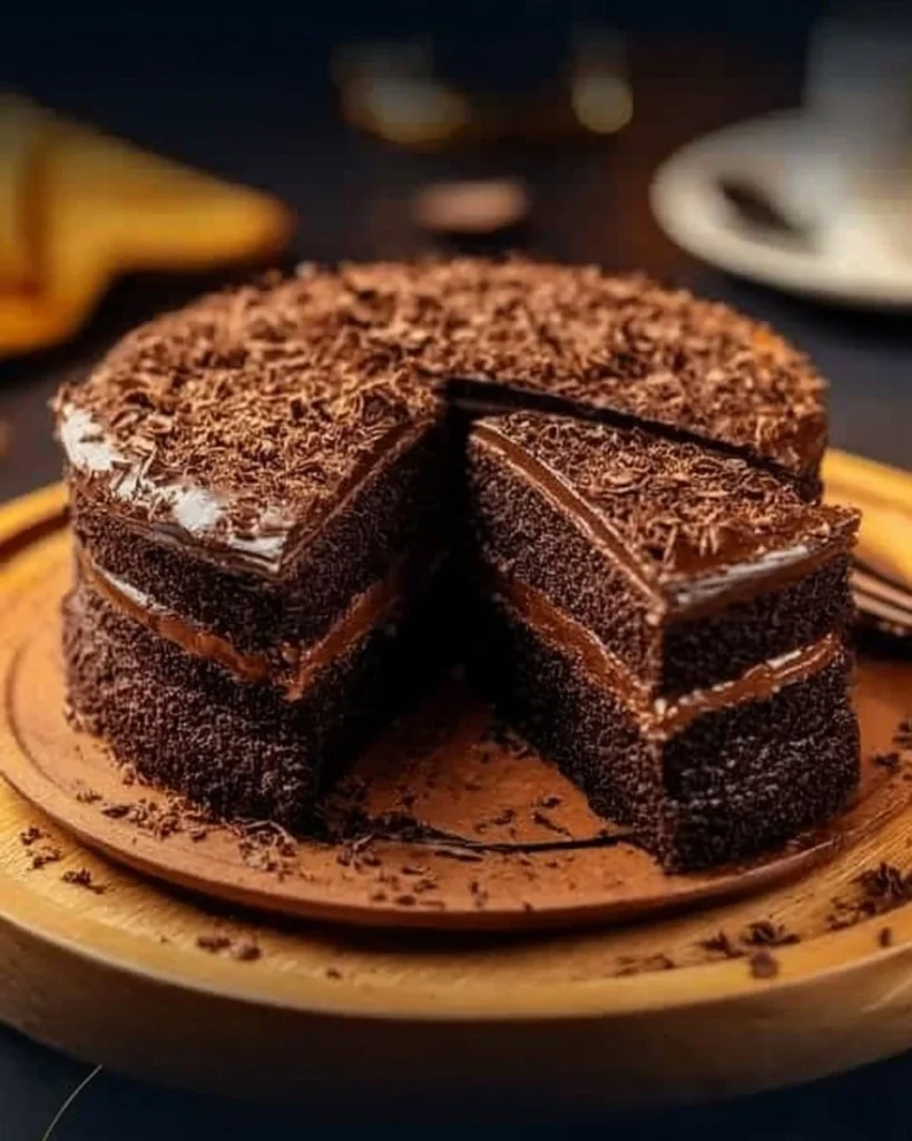 Fluffy chocolate cake topped with decadent chocolate frosting