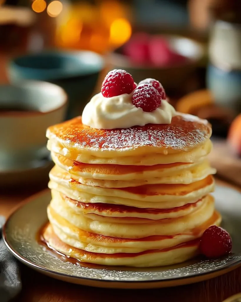 Fluffy Japanese soufflé pancakes stacked on a plate with syrup and berries