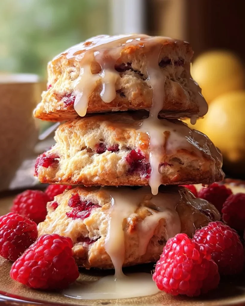 Fluffy lemon raspberry buttermilk scones with a sweet glaze