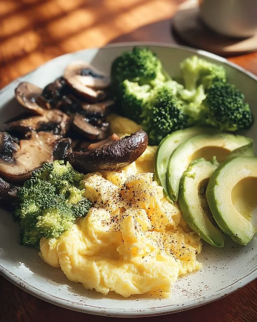Fluffy scrambled eggs topped with sautéed mushrooms, broccoli, and avocado.