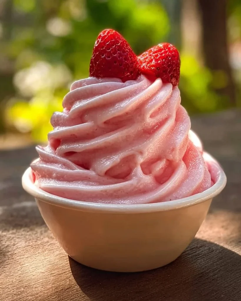 Fluffy Strawberry Bliss Whip in a decorative bowl topped with fresh strawberries