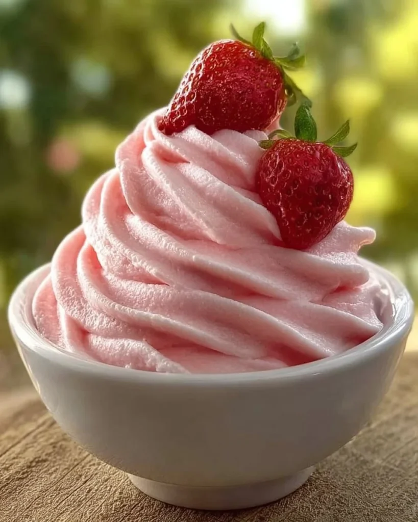 Fluffy strawberry bliss whip dessert in a bowl with fresh strawberries