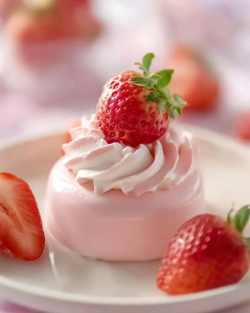 Delicious fluffy strawberry mousse in a glass topped with fresh strawberries