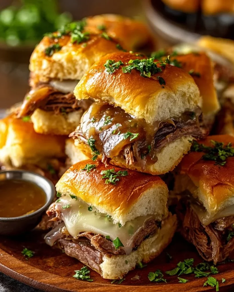 French Dip Sliders served with au jus for dipping