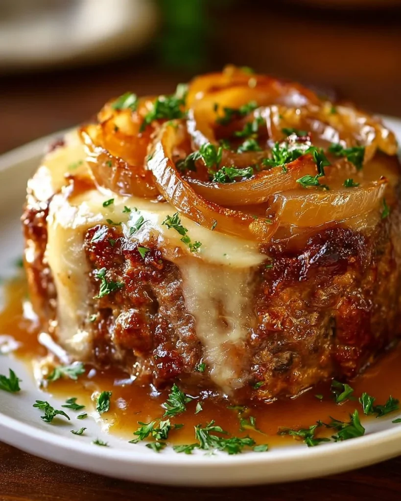 Deliciously baked French Onion Meatloaf topped with melted cheese and caramelized onions.