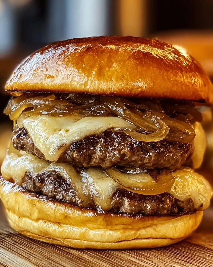 French Onion Soup Burgers topped with melted cheese and caramelized onions
