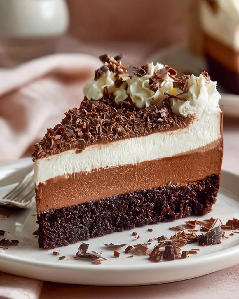 Slice of decadent French Silk Pie topped with chocolate shavings and whipped cream
