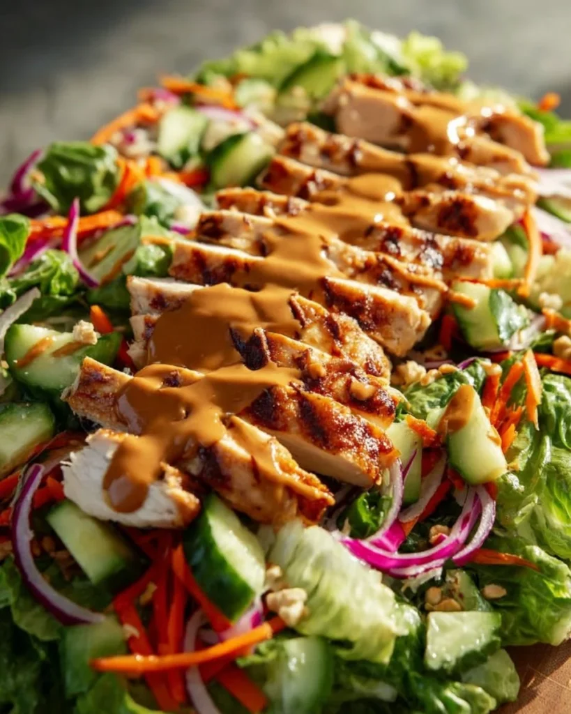 Thai chicken salad with fresh vegetables and creamy peanut dressing
