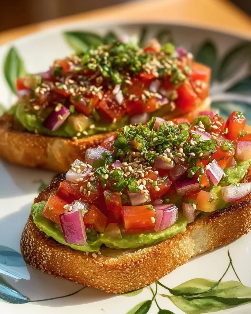 Fresh avocado toast garnished with tomato and onion for a crunchy topping