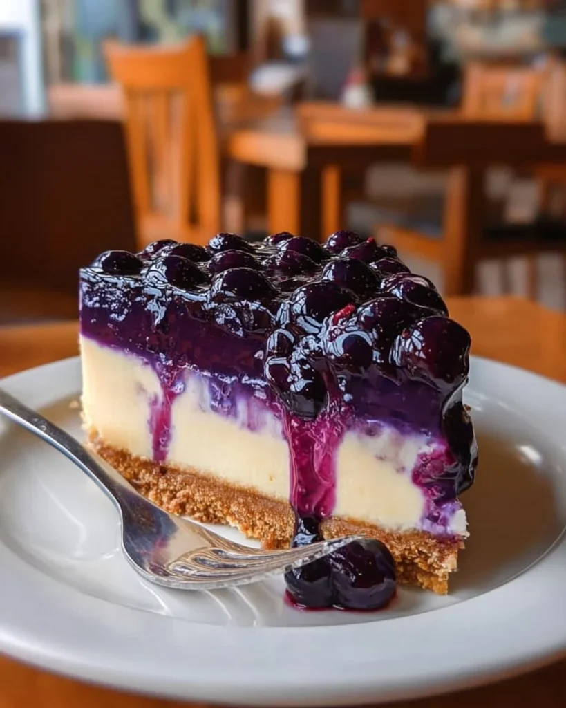 Slice of fresh blueberry cheesecake topped with blueberries and mint leaves