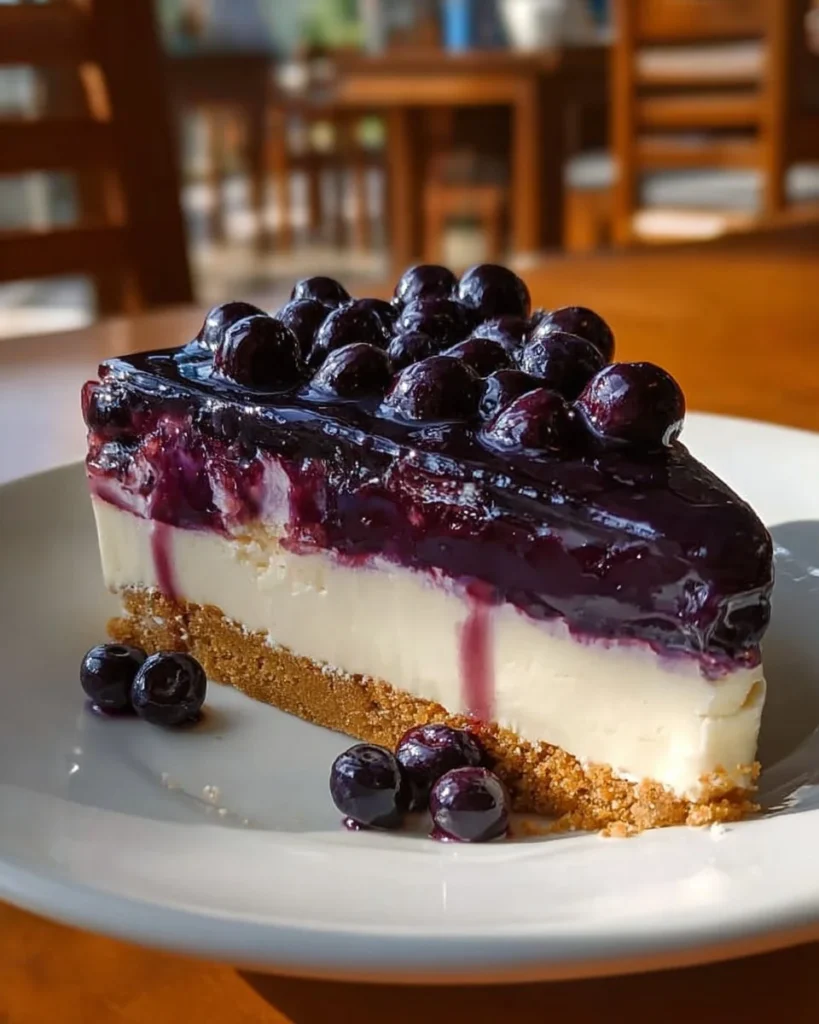 Delicious fresh blueberry cheesecake with a glossy blueberry topping.