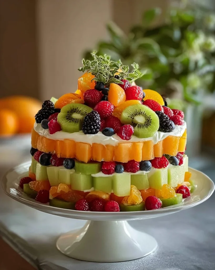 Fresh Fruit Three-Tiered Cake with vibrant fruits and elegant layers