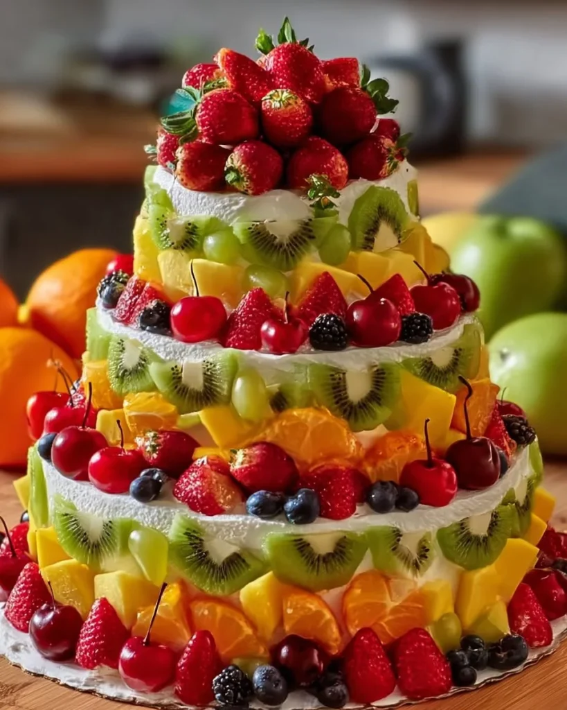 Fresh fruit three-tiered cake decorated with berries and cream