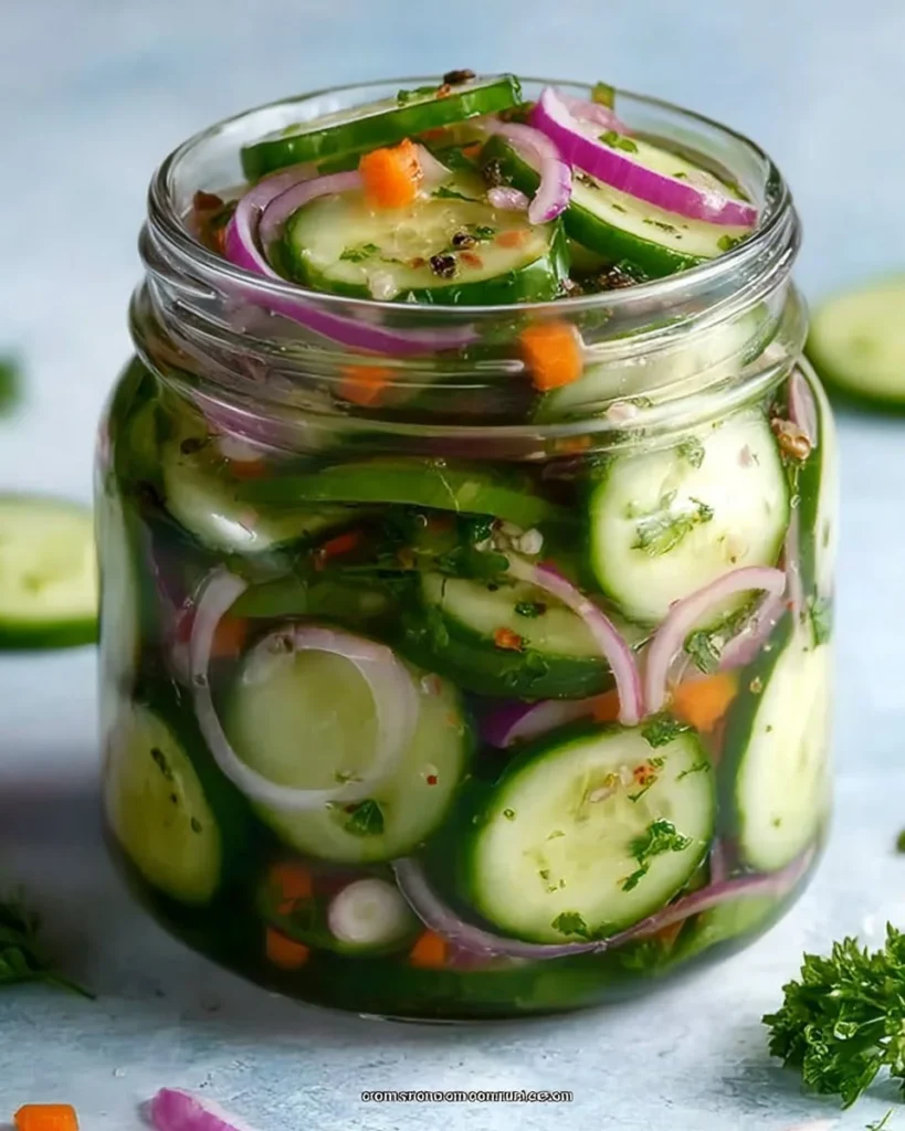 Fresh pickled cucumber salad served in a bowl with herbs and spices