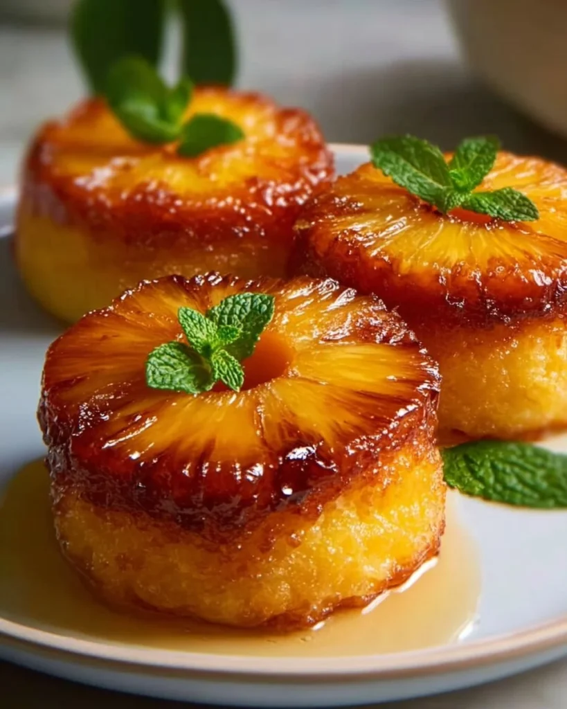 Freshly baked pineapple upside down cake with caramelized pineapple topping