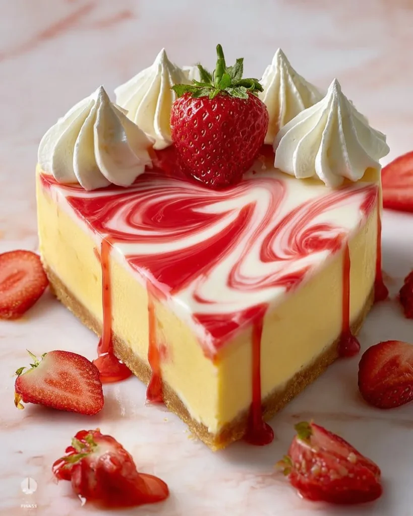 Fresh strawberry swirl cheesecake topped with strawberry sauce and fresh berries