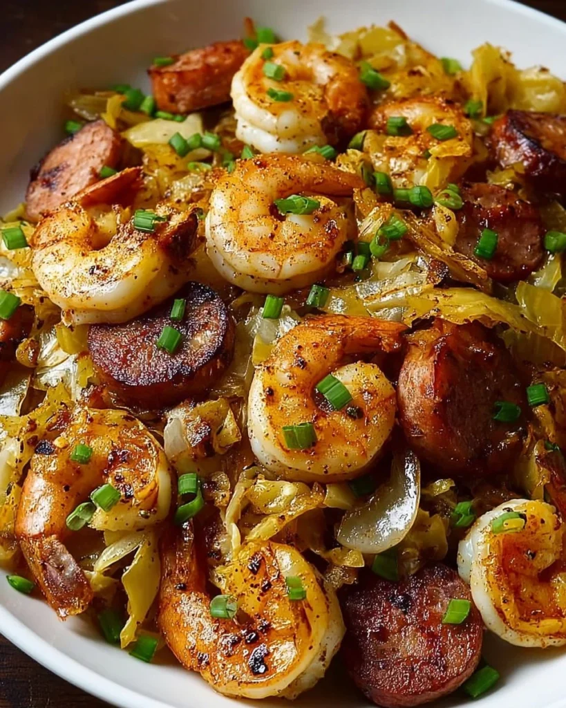 Fried cabbage dish featuring shrimp, sausage, and bacon in a skillet