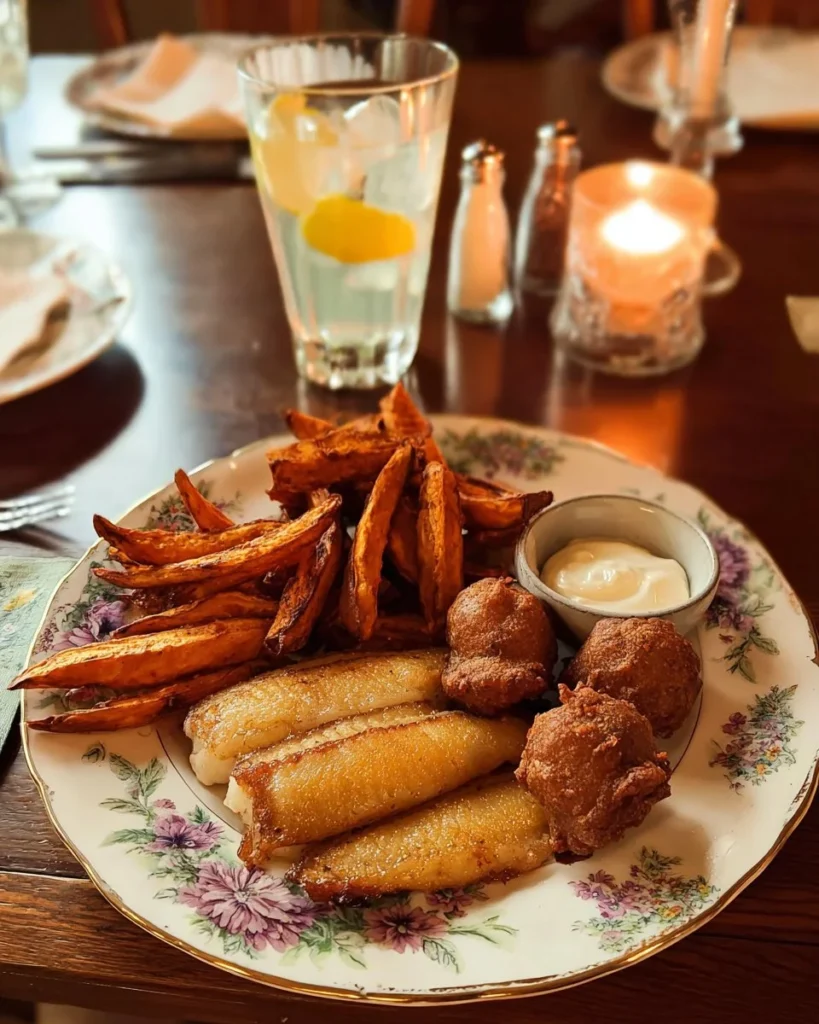 Plate of Fried Catfish with sweet potato fries and hushpuppies served on a rustic table.