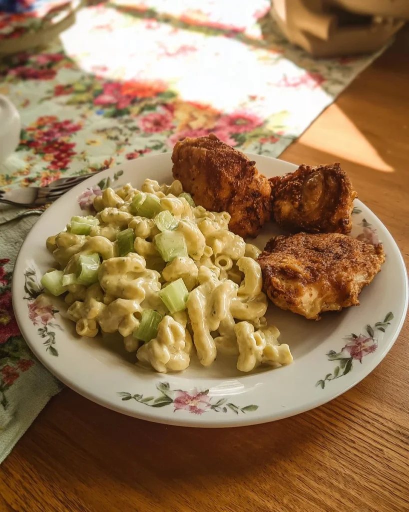 Delicious fried chicken served with creamy macaroni salad on the plate.