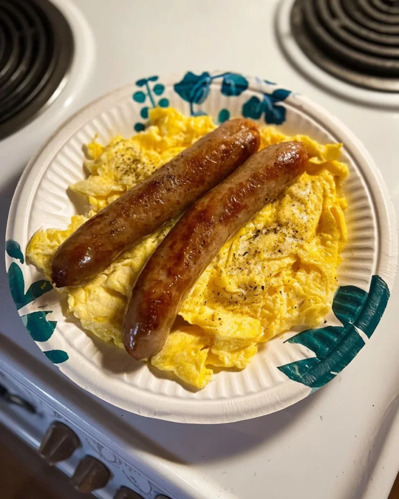 Fried eggs served with smoked sausages on a plate for a hearty breakfast