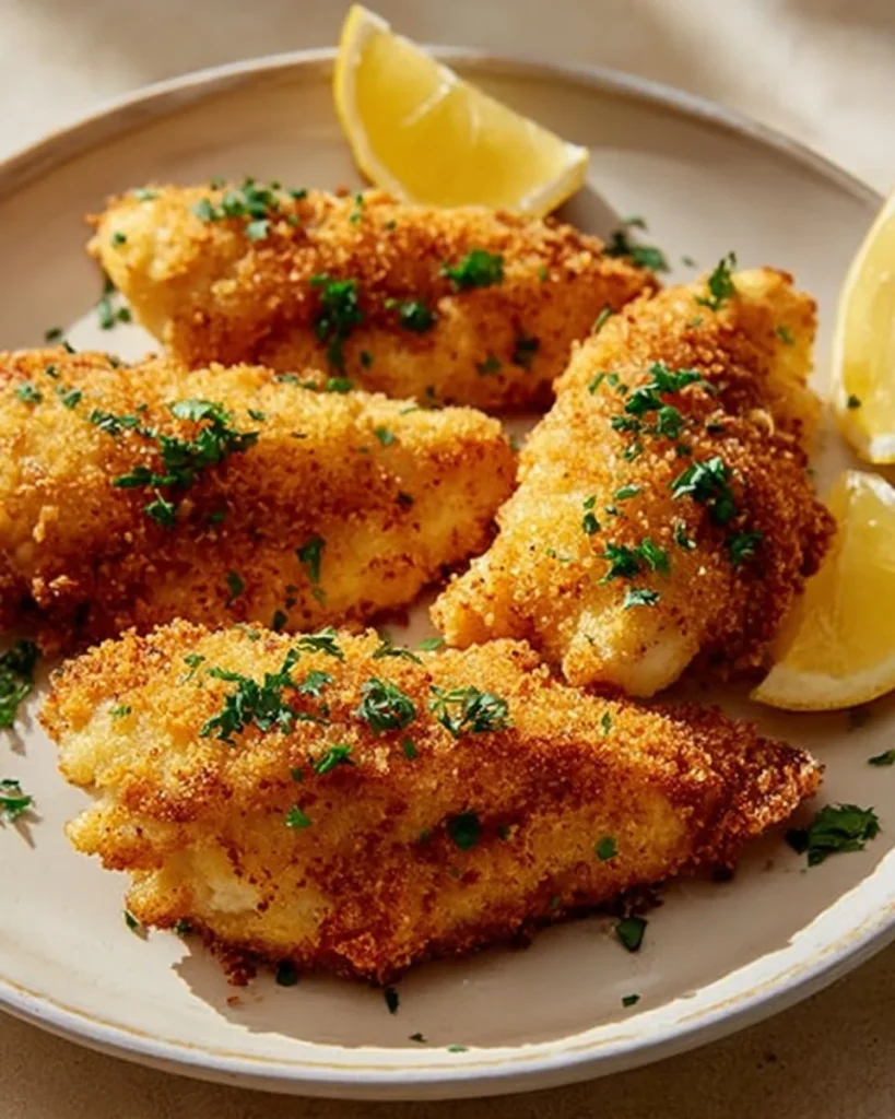 Crispy fried fish garnished with lemon and herbs served on a plate.