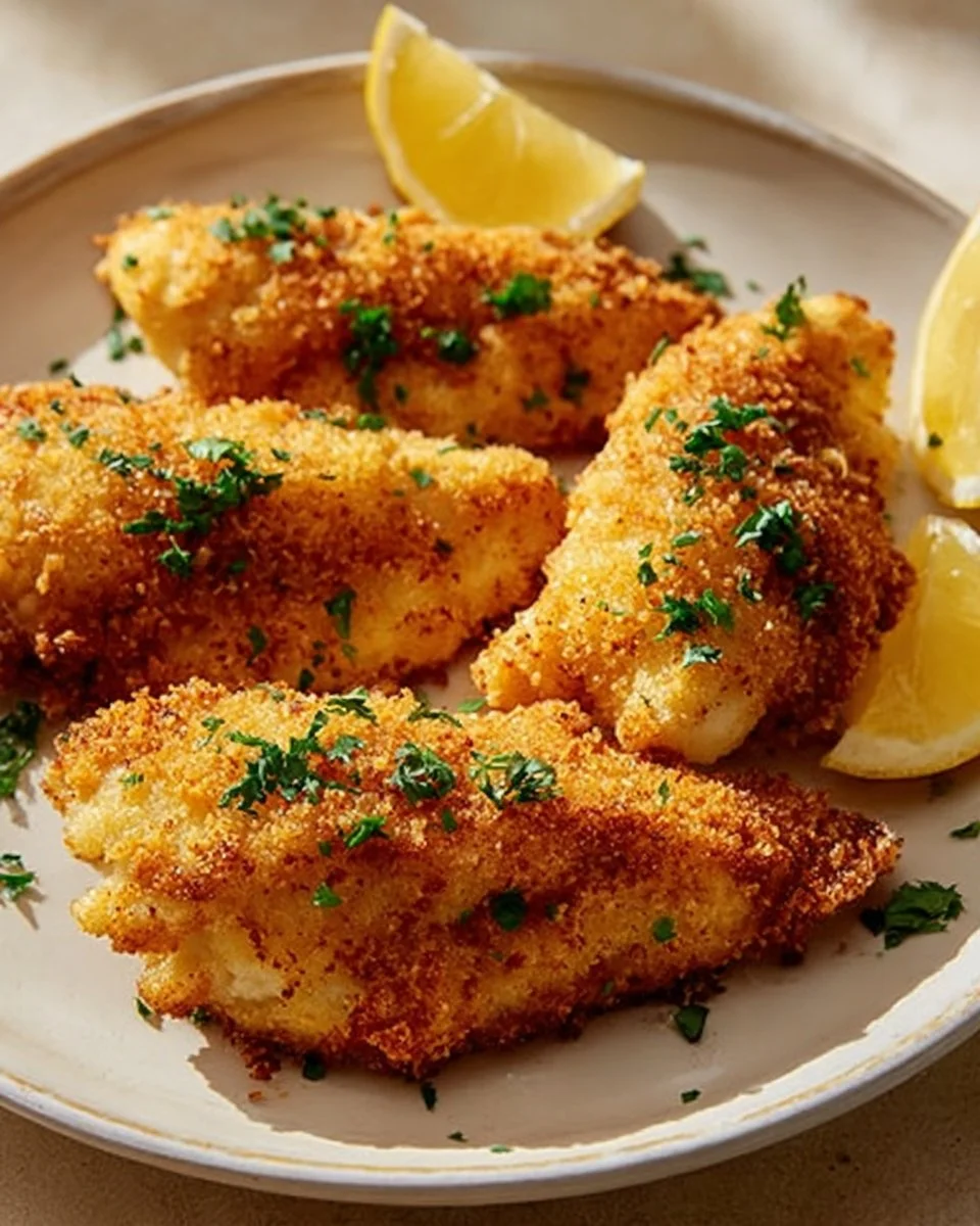 Crispy fried fish garnished with lemon and herbs served on a plate.